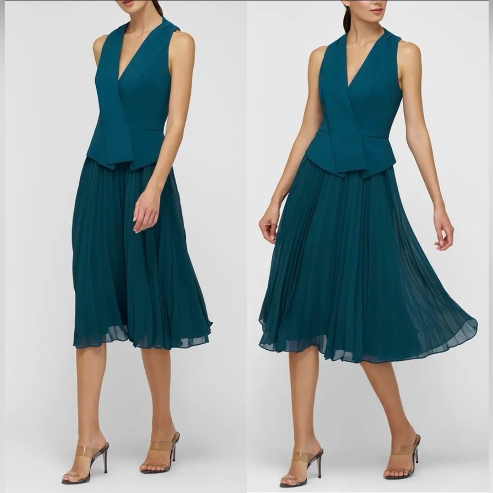 NWOT Kay Unger Orella Pleated vest Midi Ink Teal Dress sz 4